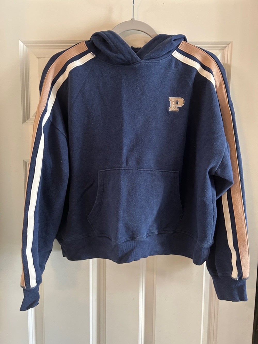 Pink Victorias Secret Navy Hoodie with Striped Sleeves size S